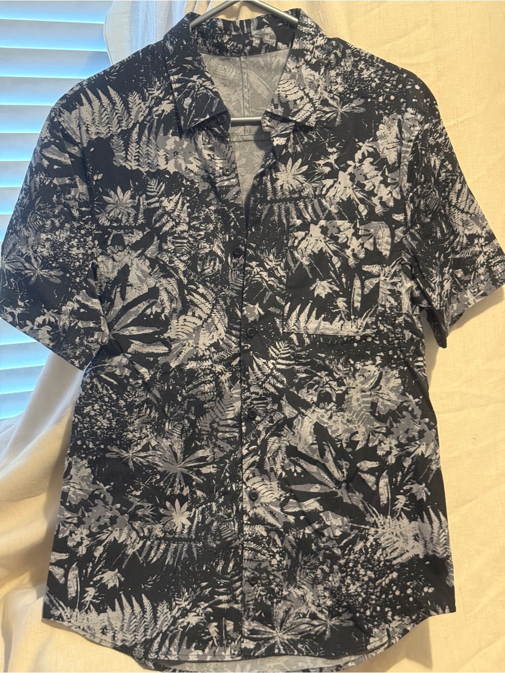 lululemon athletica Black and White Tropical Print Short-Sleeve Button-Down